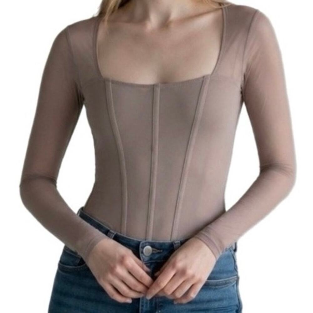 Abercrombie & Fitch Soft A&F Collection Taupe Grey Mesh Sleeve Corset Bodysuit M